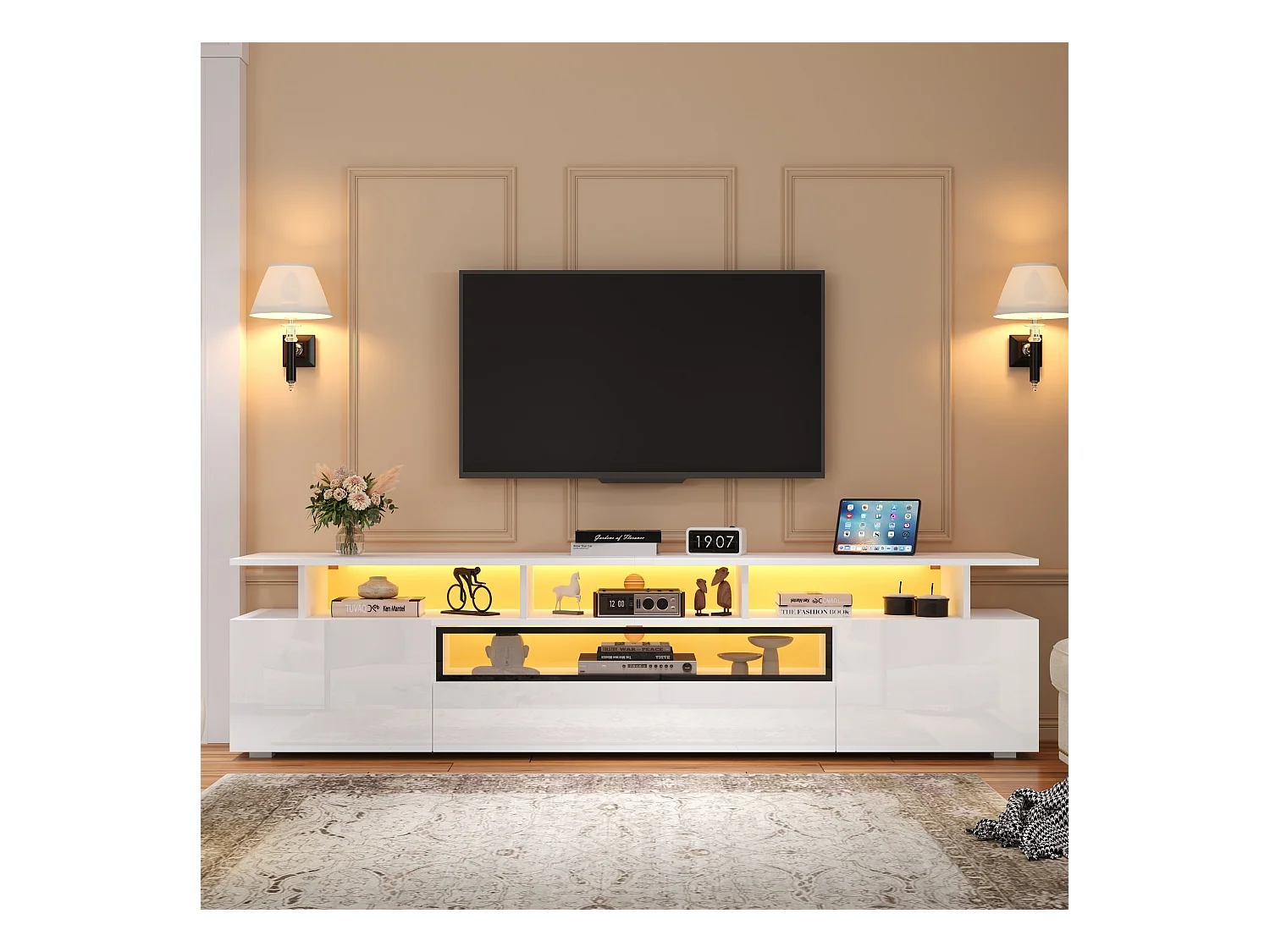 Meuble TV 180 cm avec éclairage LED, 2 portes et 1 tiroir de rangement - Blanc