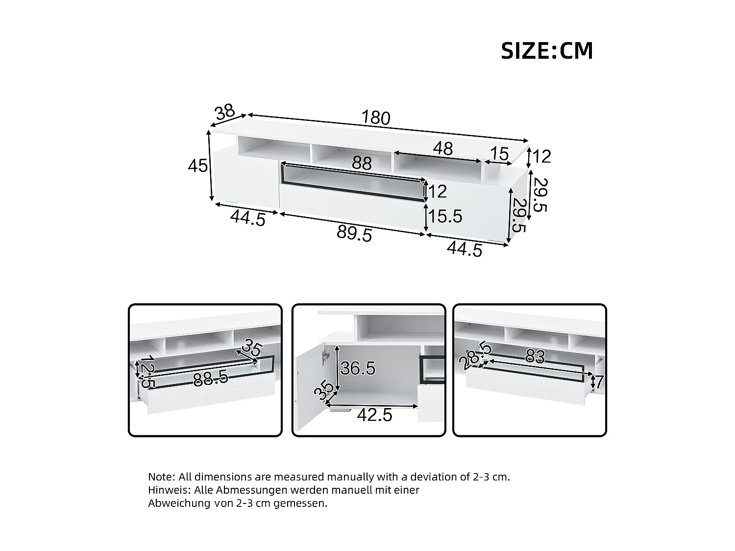 Tv-meubel 180 cm met LED-verlichting, 2 deuren en 1 opberglade - wit