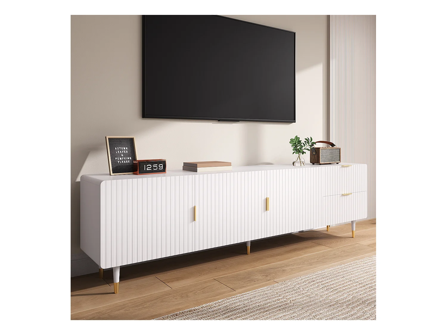 Meuble TV blanc avec 3 portes et 2 tiroirs, poignées et pieds dorés - pour salon