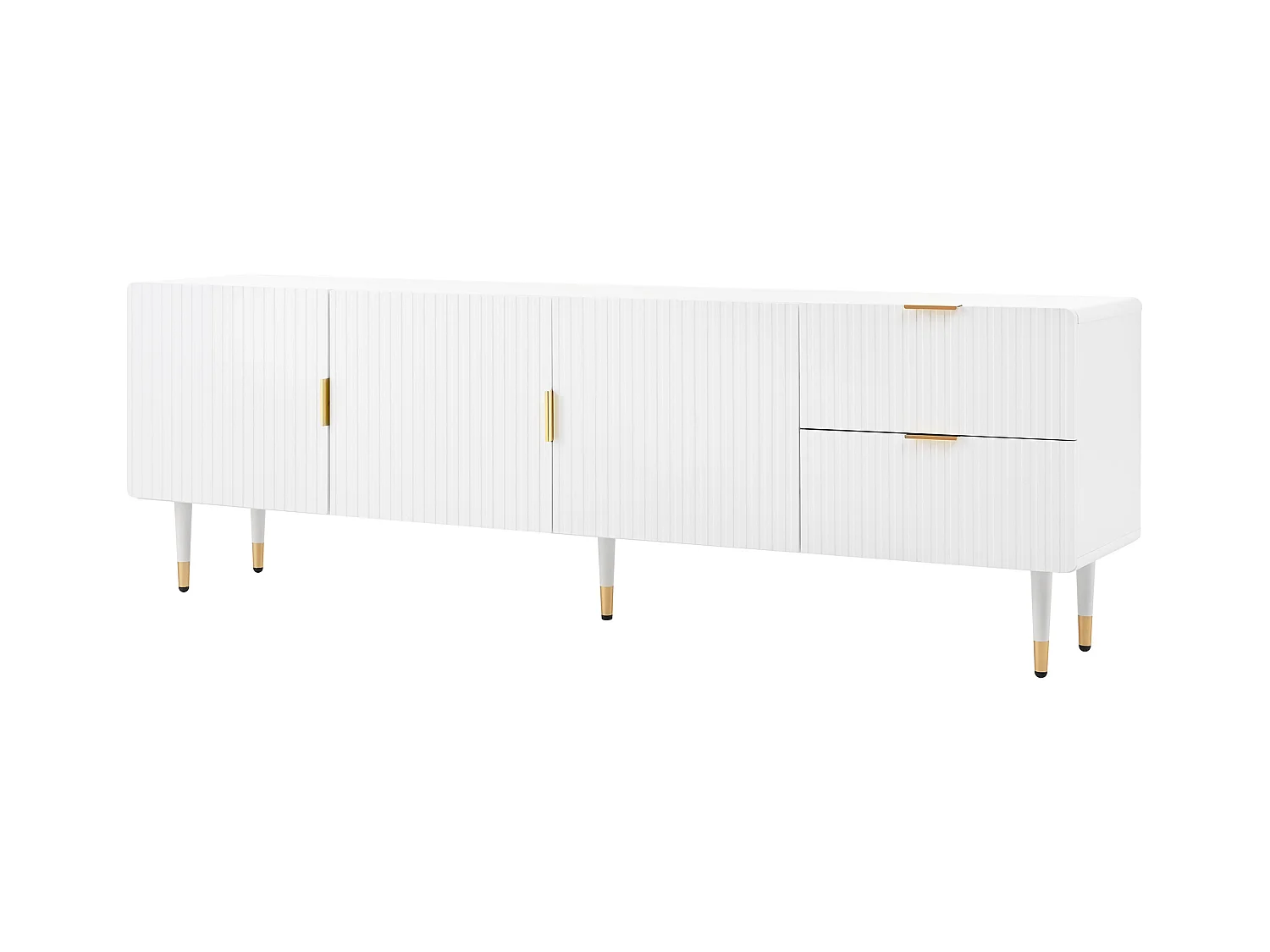 Meuble TV blanc avec 3 portes et 2 tiroirs, poignées et pieds dorés - pour salon