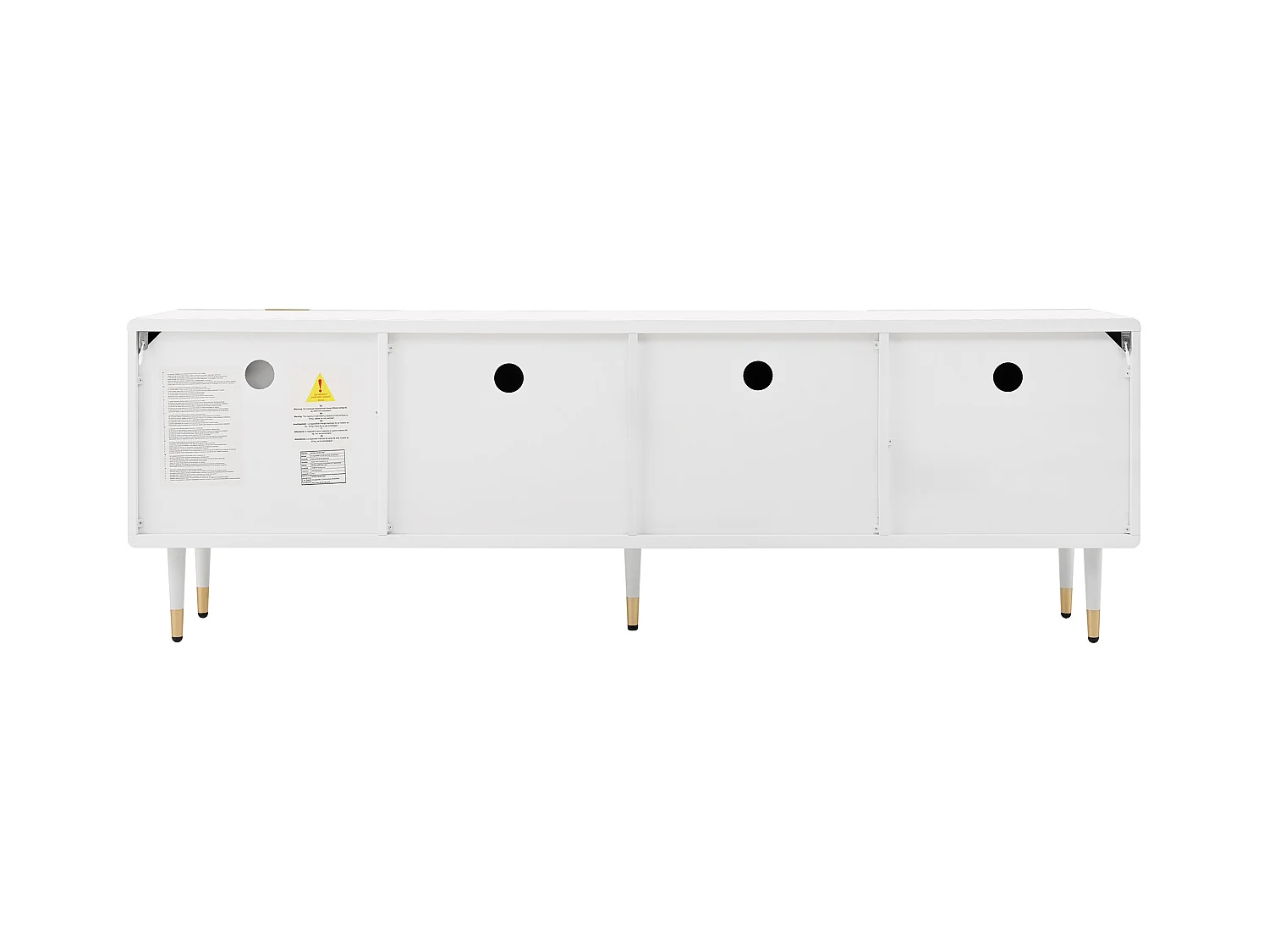 Meuble TV blanc avec 3 portes et 2 tiroirs, poignées et pieds dorés - pour salon