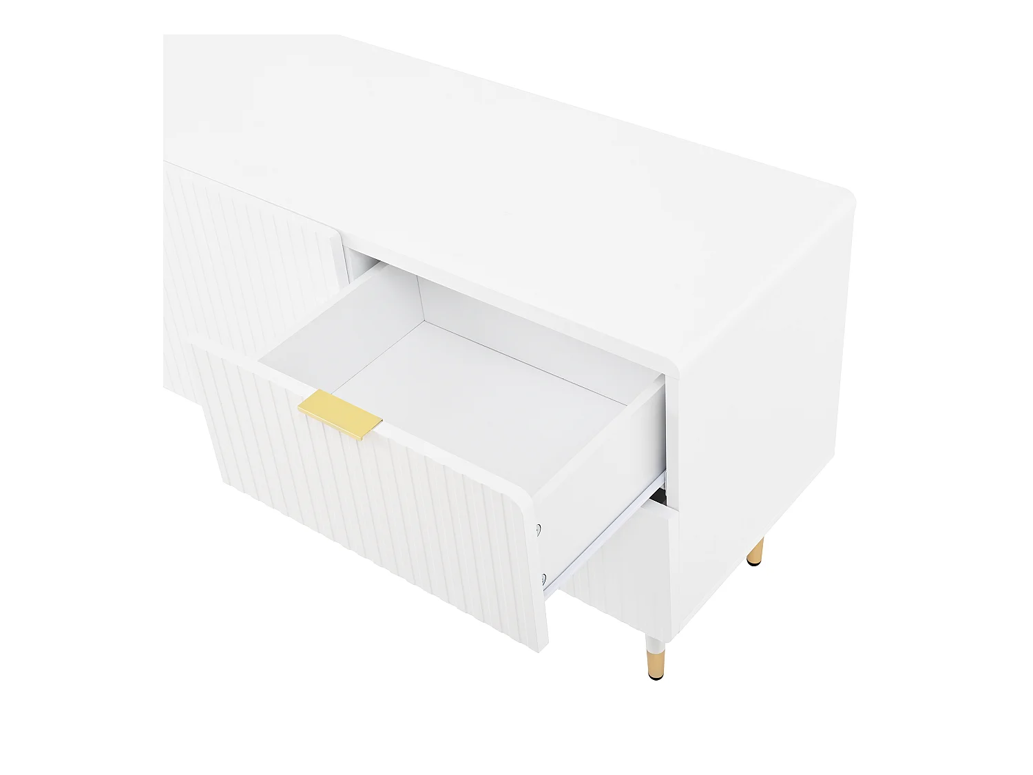 Meuble TV blanc avec 3 portes et 2 tiroirs, poignées et pieds dorés - pour salon