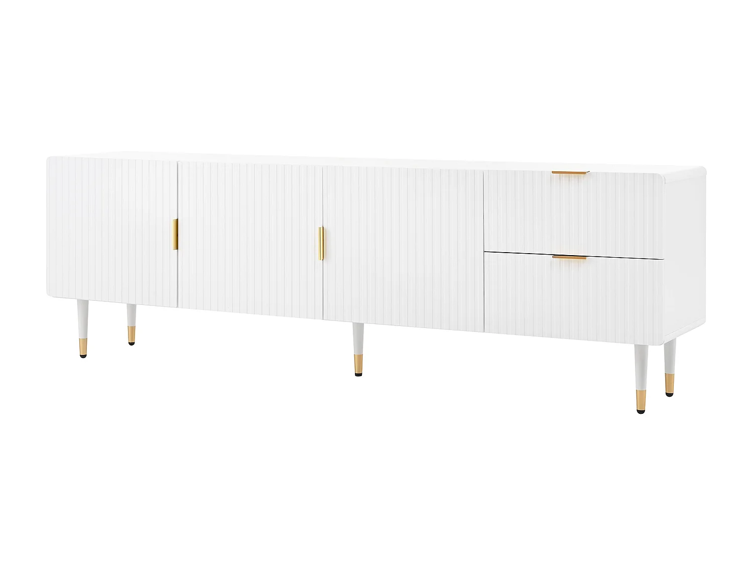 Meuble TV blanc avec 3 portes et 2 tiroirs, poignées et pieds dorés - pour salon