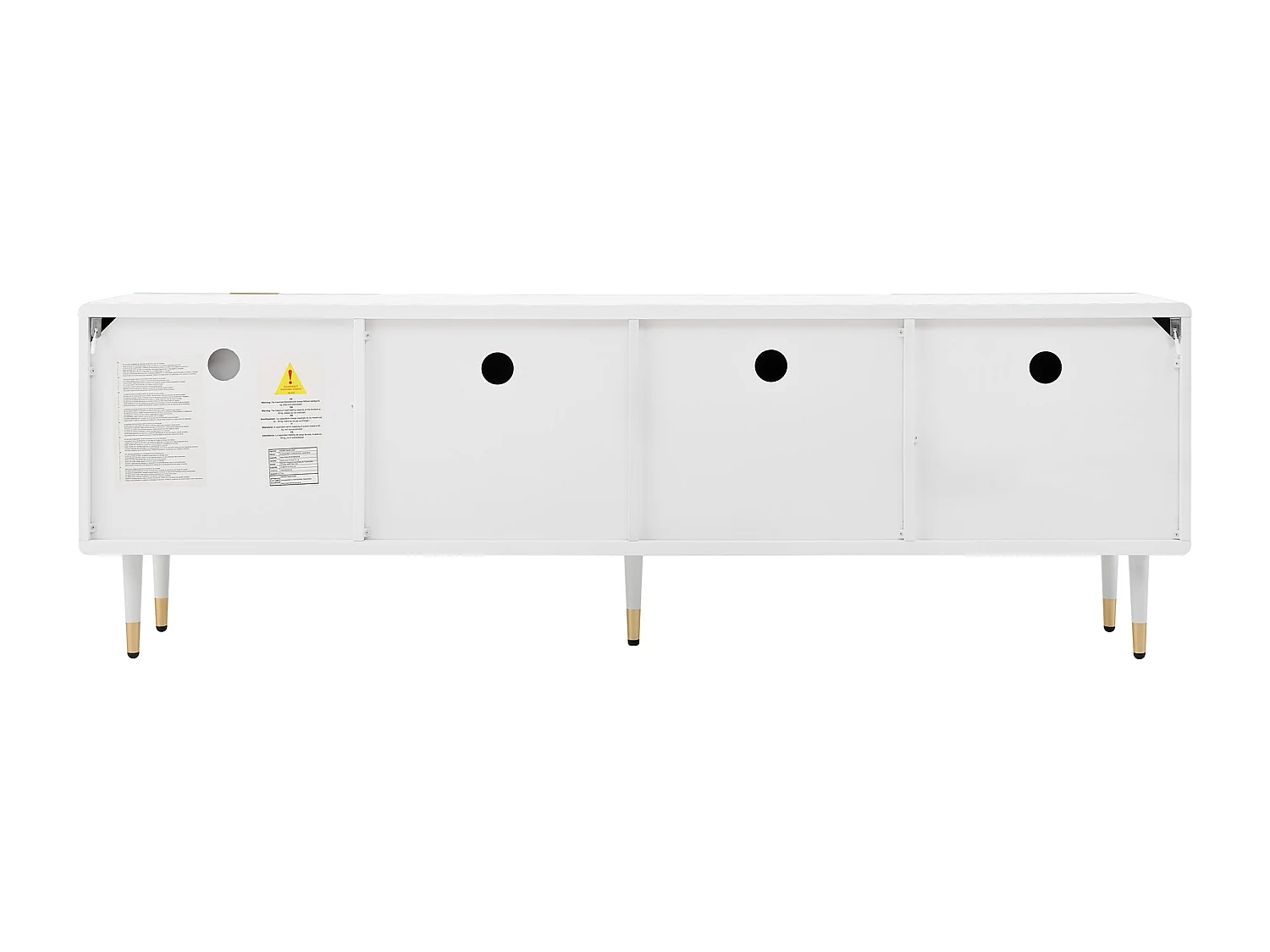 Meuble TV blanc avec 3 portes et 2 tiroirs, poignées et pieds dorés - pour salon