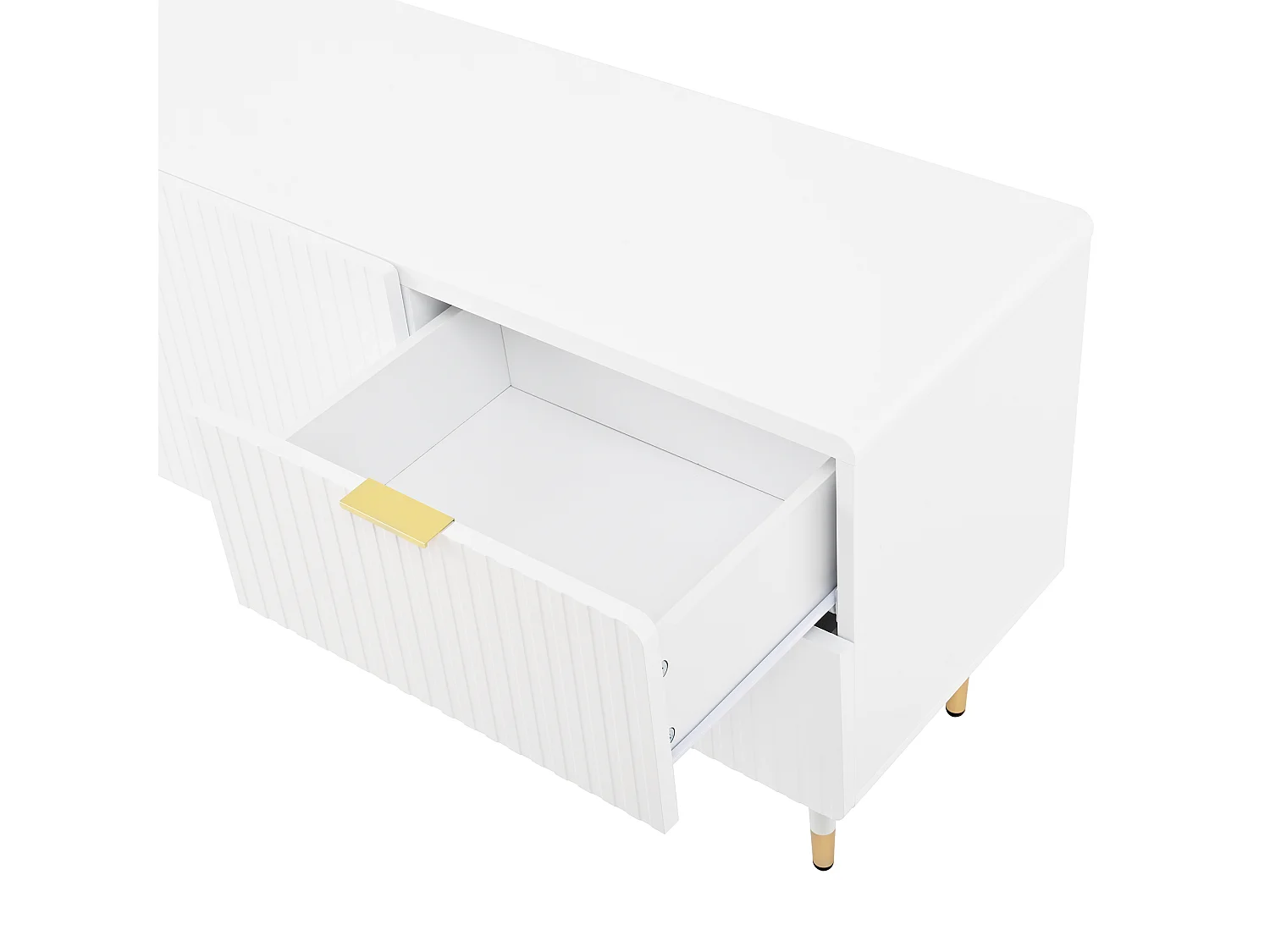 Meuble TV blanc avec 3 portes et 2 tiroirs, poignées et pieds dorés - pour salon