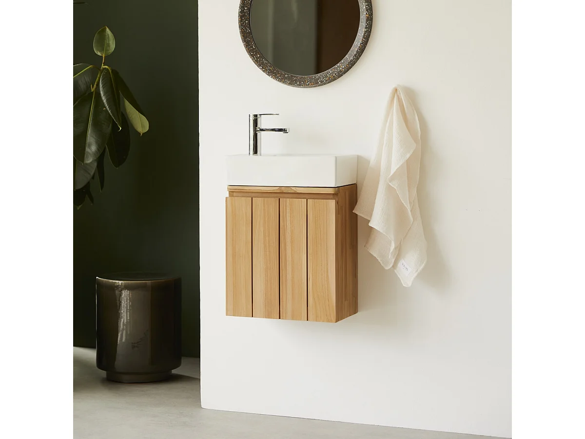 Handwaschbecken-Unterschrank Jill aus Teakholz und Keramik, 40 cm