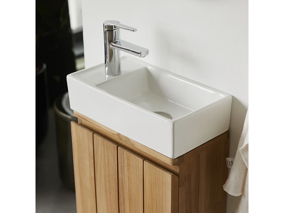 Handwaschbecken-Unterschrank Jill aus Teakholz und Keramik, 40 cm