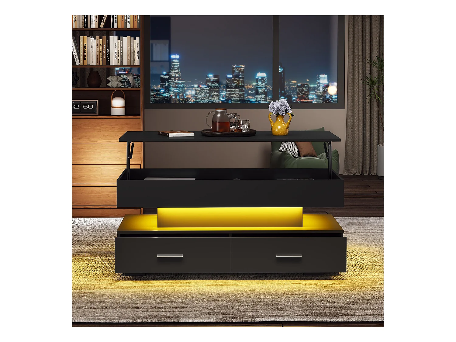 Mesa de centro LED con 2 cajones de almacenamiento y tablero regulable en altura - negra