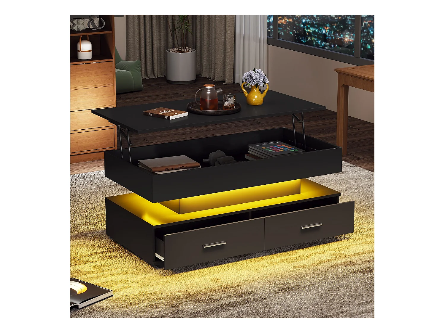 Table basse LED avec 2 tiroirs de rangement et plateau réglable en hauteur - Noir