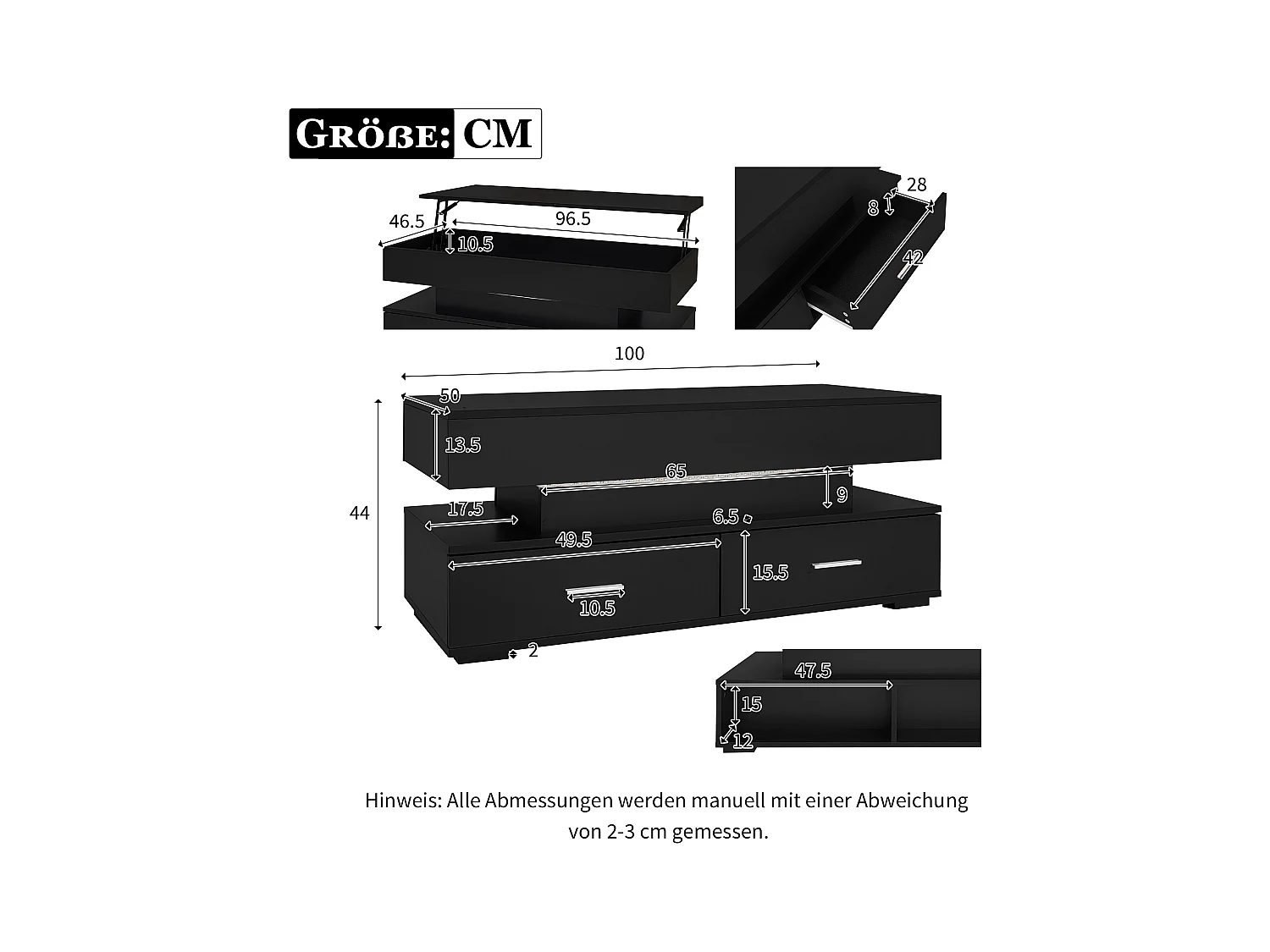 Table basse relevable avec 2 tiroirs de rangement et  éclairage LED - Noir
