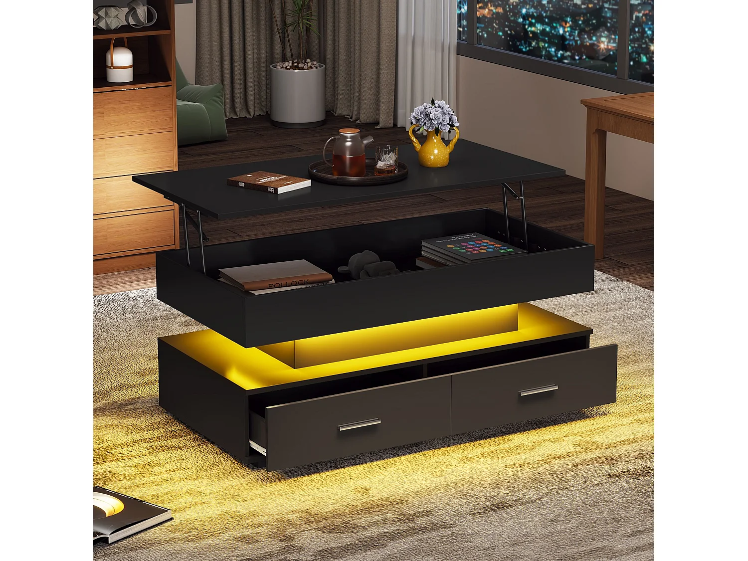 Table basse relevable avec 2 tiroirs de rangement et  éclairage LED - Noir