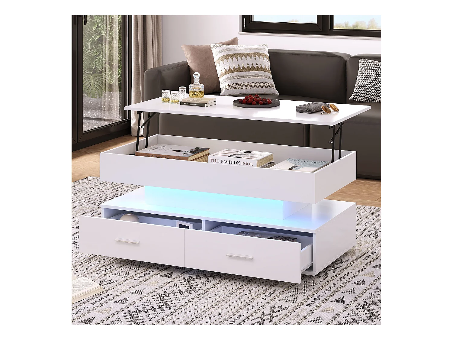 Table basse relevable avec 2 tiroirs de rangement et  éclairage LED - Blanc