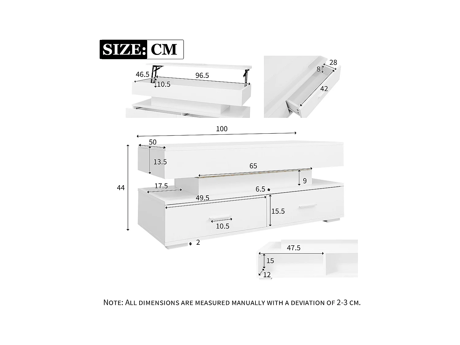 Table basse relevable avec 2 tiroirs de rangement et  éclairage LED - Blanc