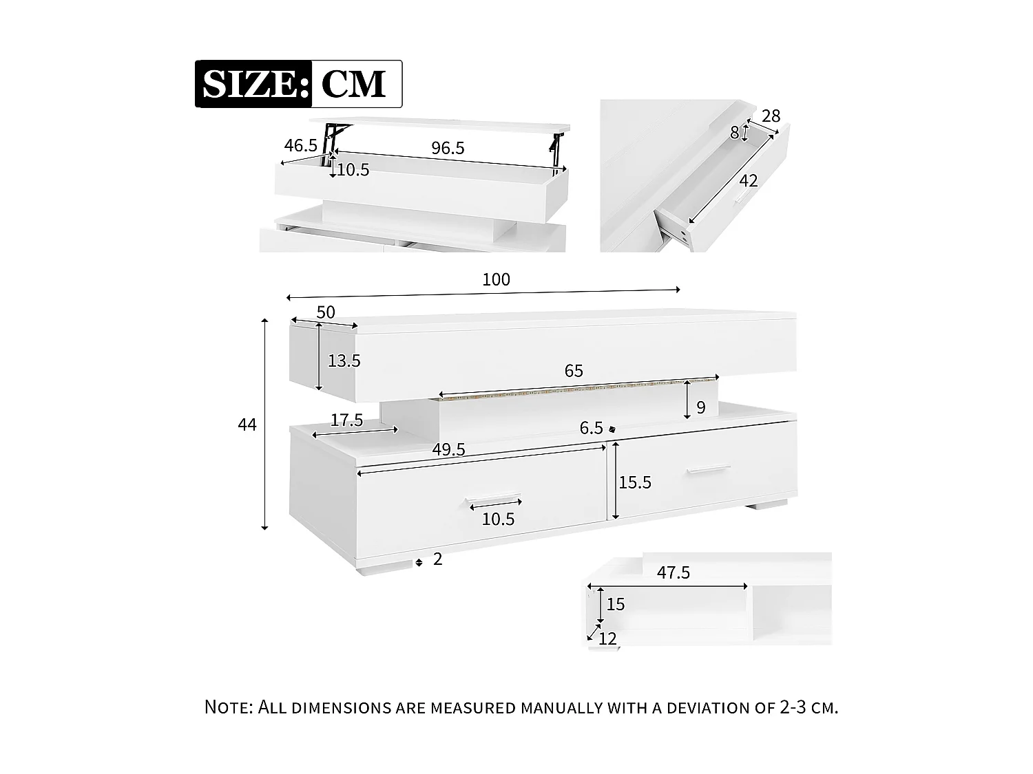 Table basse relevable avec 2 tiroirs de rangement et  éclairage LED - Blanc