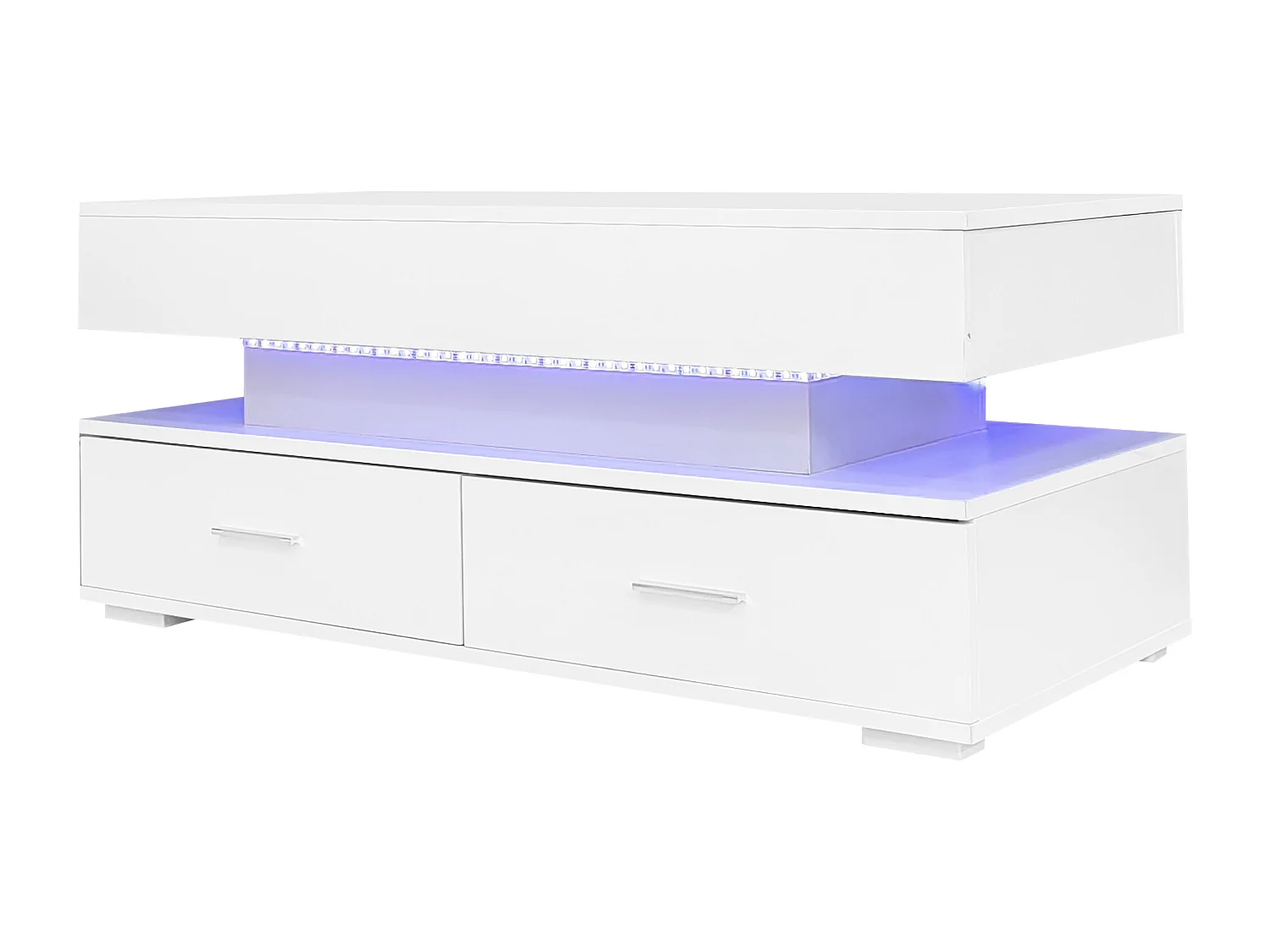 Table basse relevable avec 2 tiroirs de rangement et  éclairage LED - Blanc