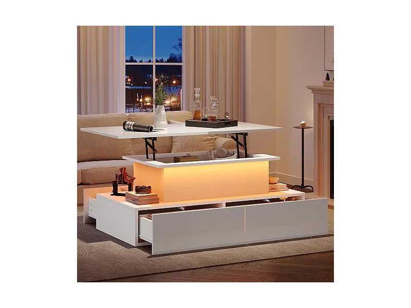 Weißer Couchtisch mit 4 Schubladen und höhenverstellbarer Tischplatte, LED-Beleuchtung - für Wohnzimmer und Büro