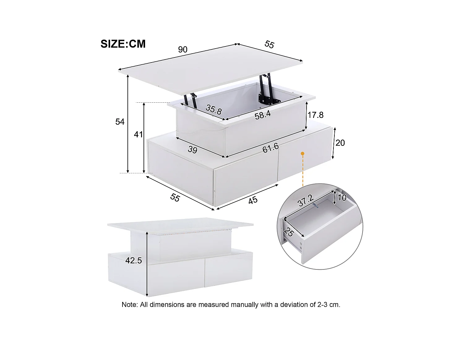 Tavolino da caffè bianco con 4 cassetti e piano sollevabile, illuminazione LED - per soggiorno e ufficio