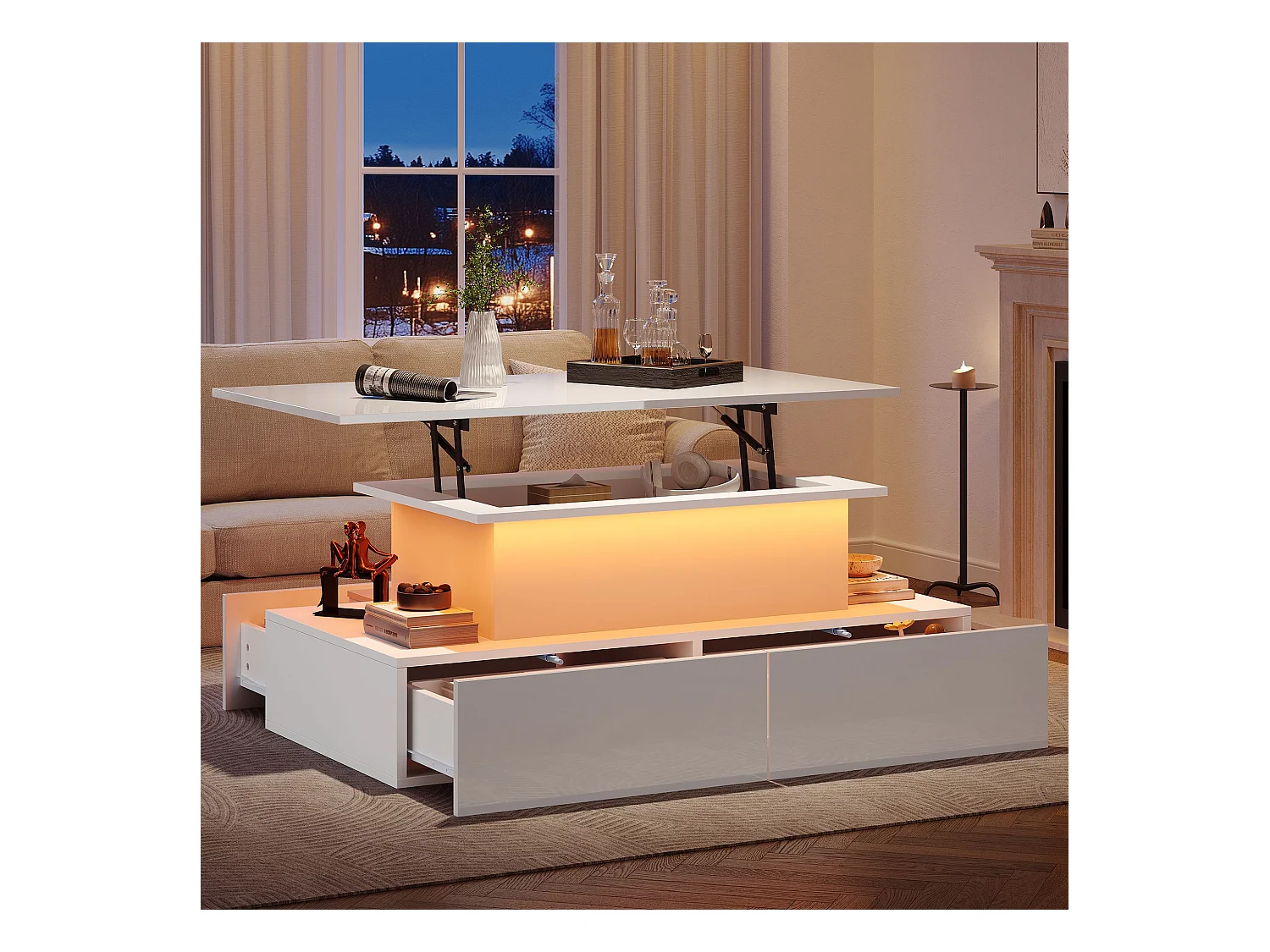 Table basse blanche avec 4 tiroirs et plateau relevable, éclairage LED -  pour salons et bureaux