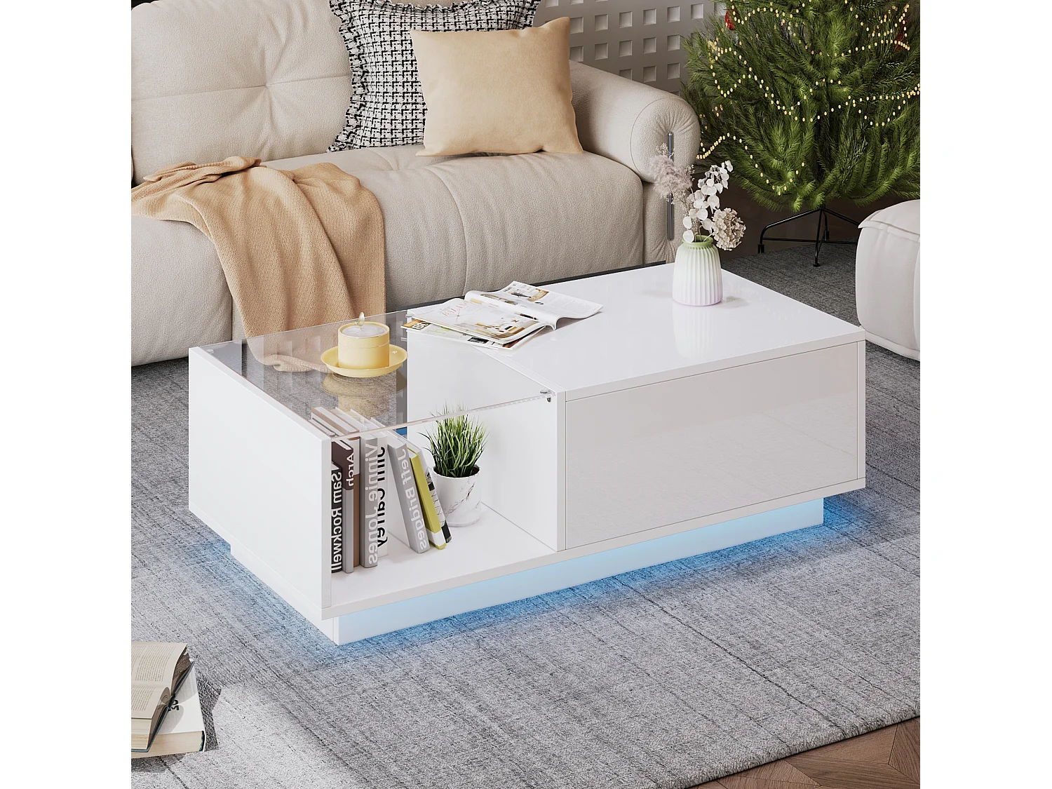 Table basse relevable avec éclairage LED et rangement ouvert - Blanc