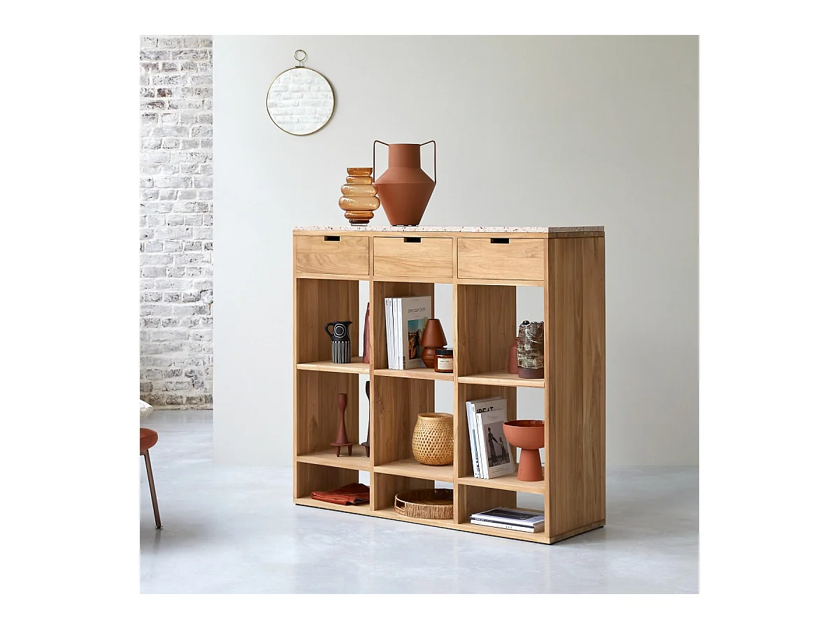 Bibliothèque basse Miho en bois de teck massif et terrazzo premium Pink