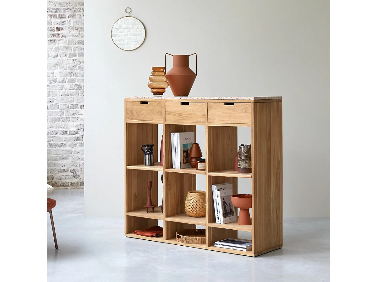 Niedriges Bücherregal Miho aus massivem Teakholz mit Premium-Terrazzo Pink