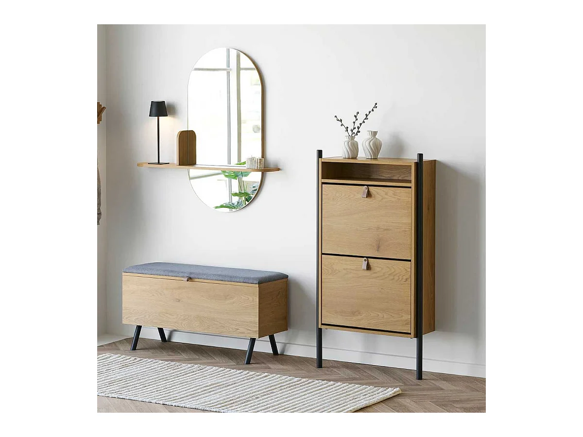 Meuble à chaussures 2 portes basculantes en mélaminé aspect chêne clair - VALTIS