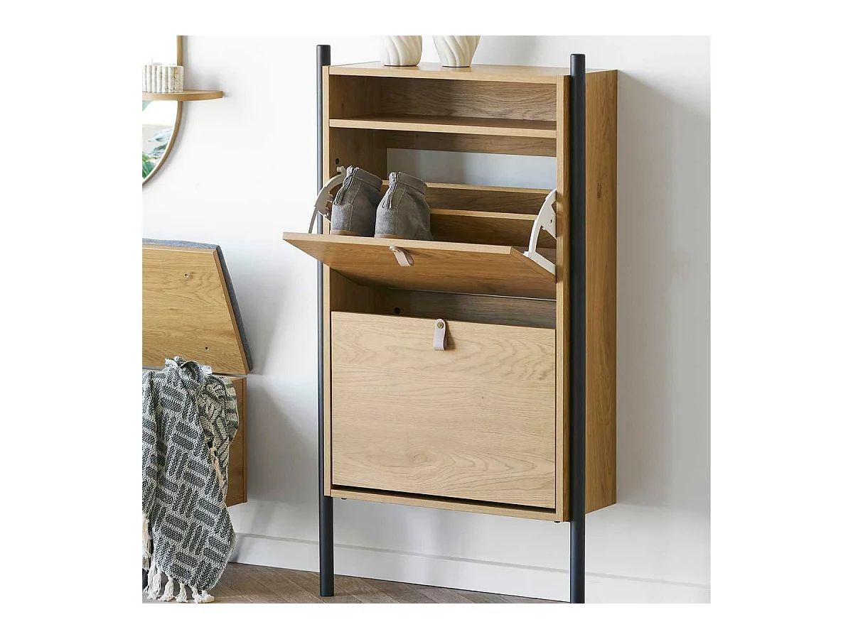 Meuble à chaussures 2 portes basculantes en mélaminé aspect chêne clair - VALTIS