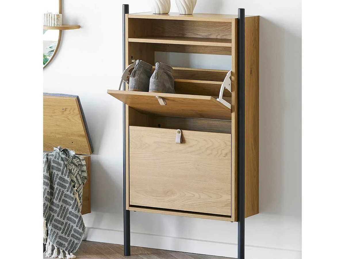 Meuble à chaussures 2 portes basculantes en mélaminé aspect chêne clair - VALTIS