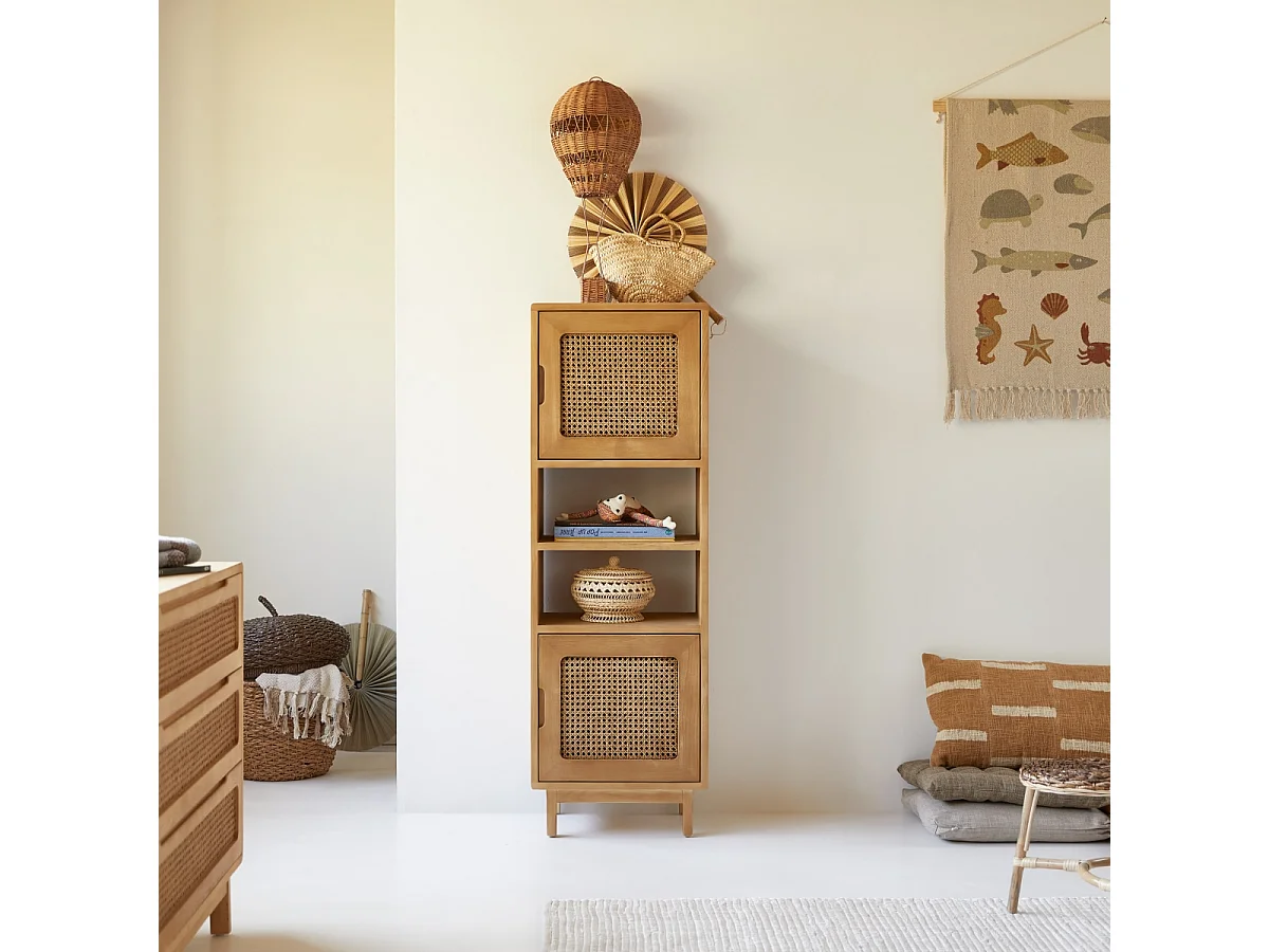 Libreria alta per bambini in legno di olmo e paglia di Vienna Luis