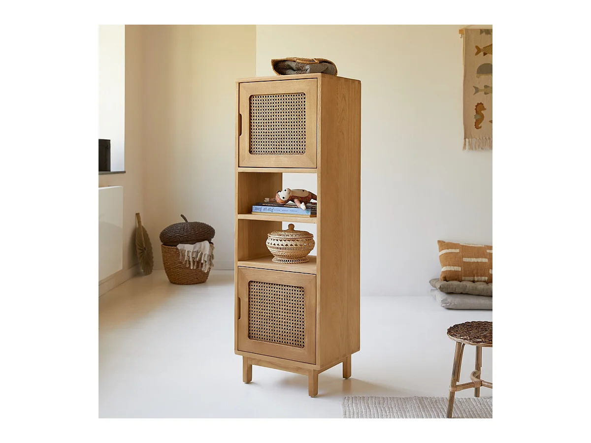 Libreria alta per bambini in legno di olmo e paglia di Vienna Luis