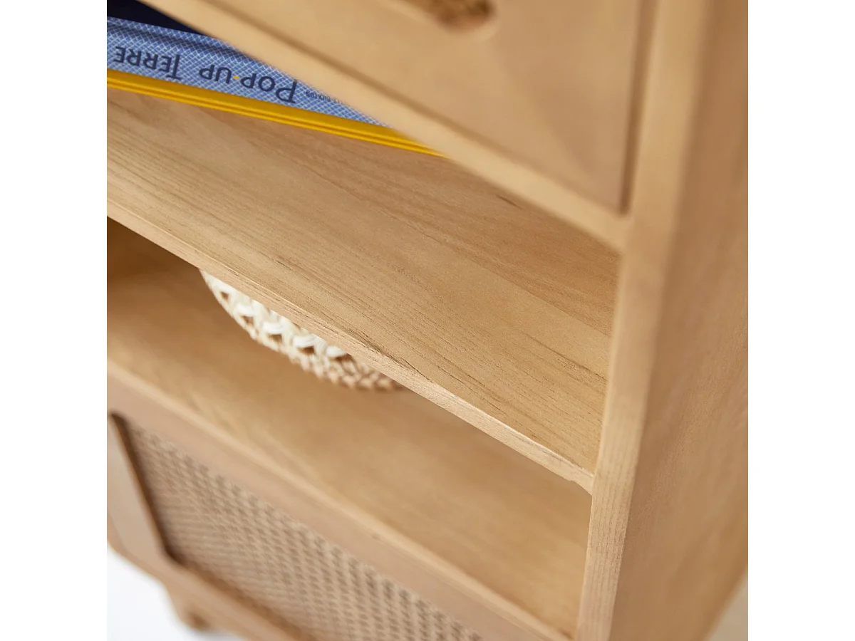 Hoher Kinder-Bücherschrank Luis aus Ulmenholz und Rattangeflecht