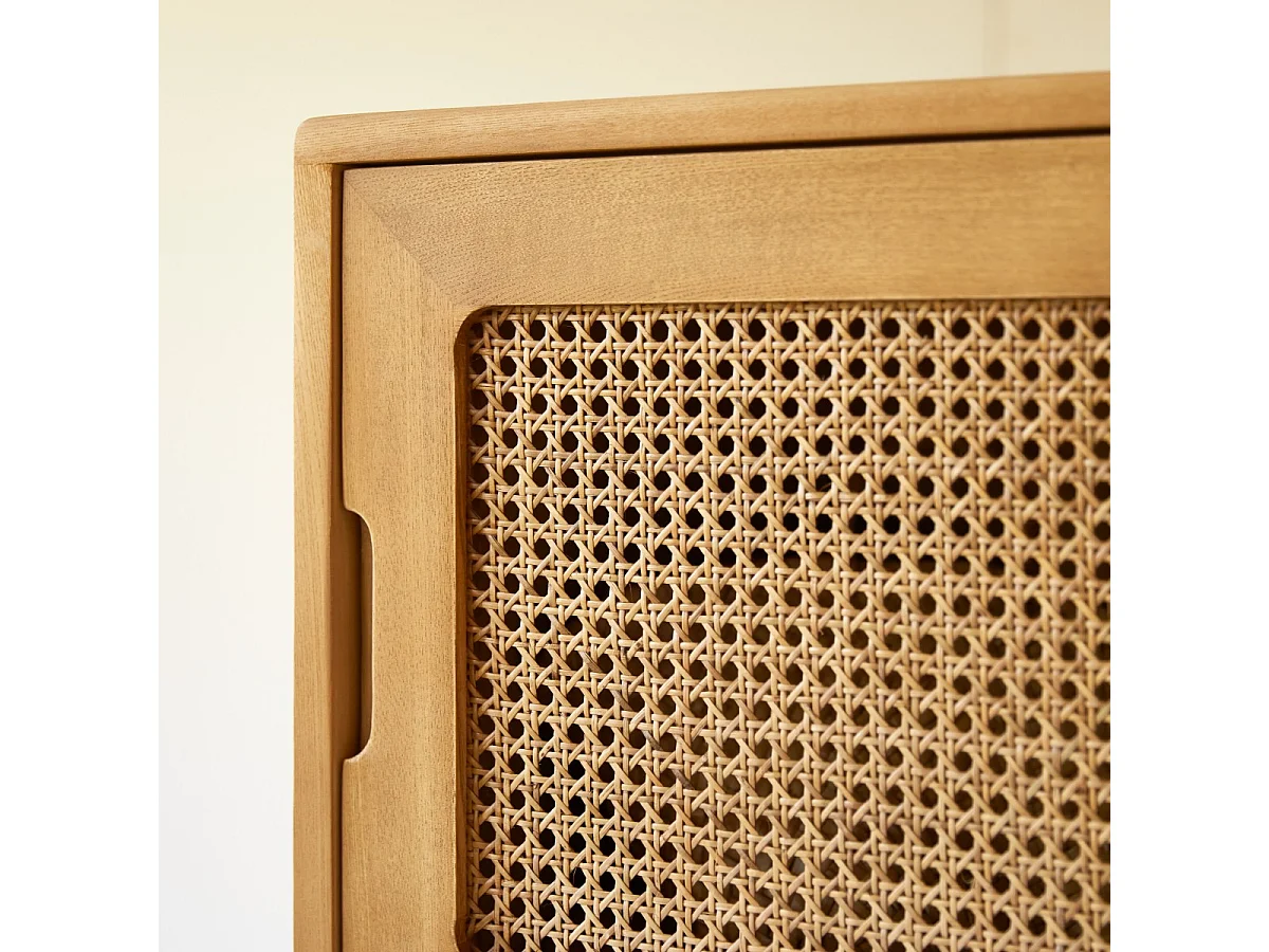 Hoher Kinder-Bücherschrank Luis aus Ulmenholz und Rattangeflecht