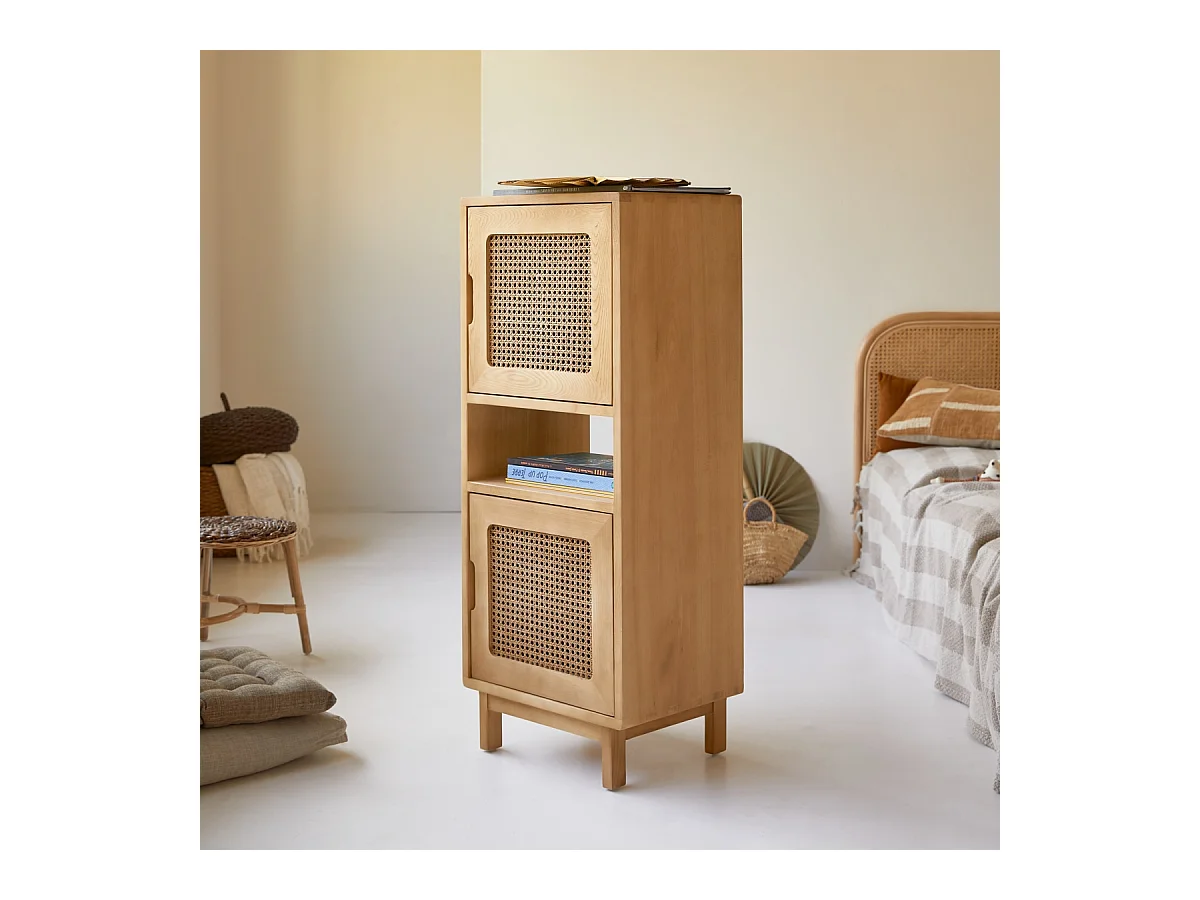 Libreria bassa per bambini in legno massello di olmo e paglia di Vienna Luis