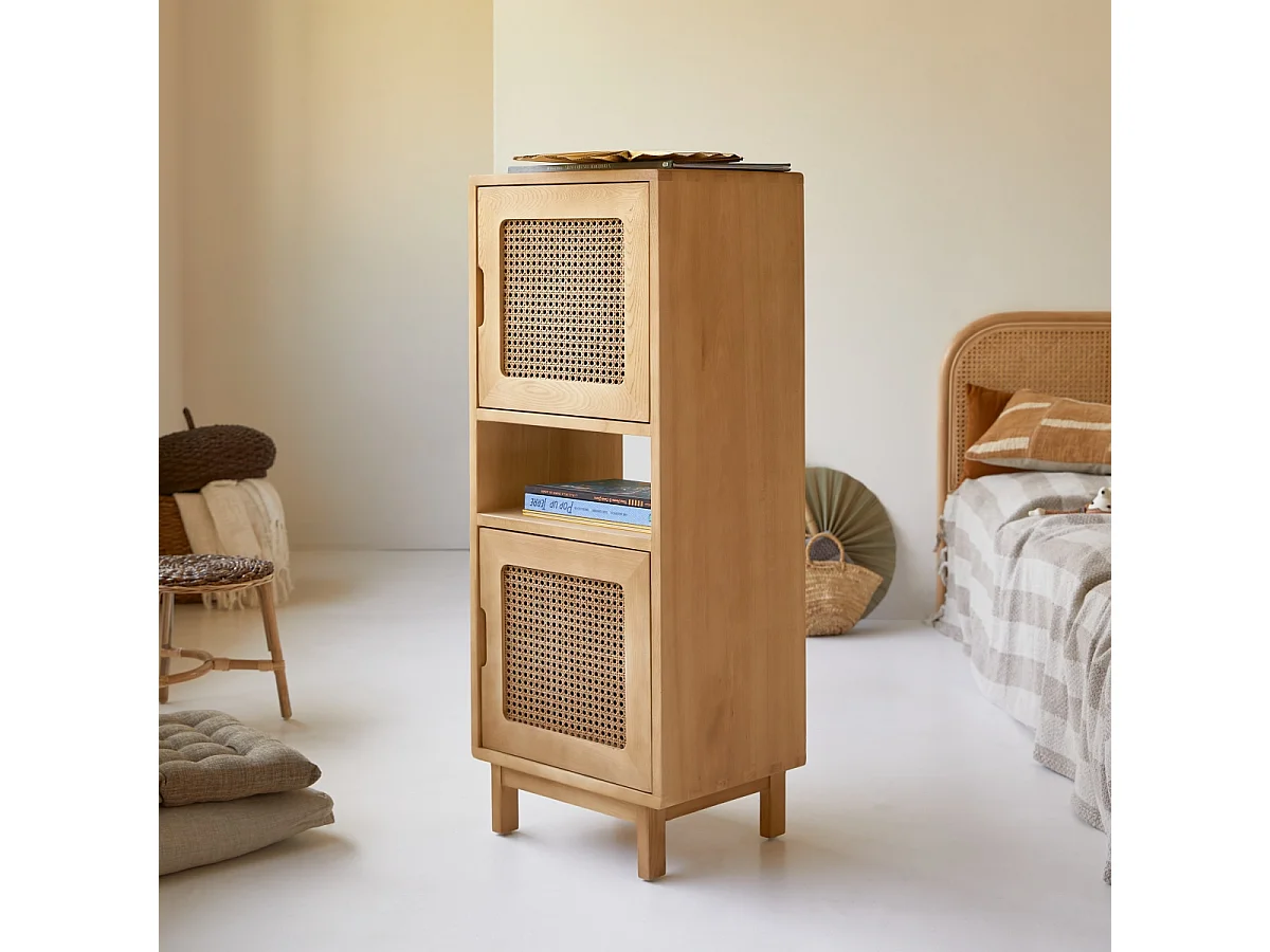 Niedriger Kinder-Bücherschrank Luis aus massivem Ulmenholz und Rattangeflecht