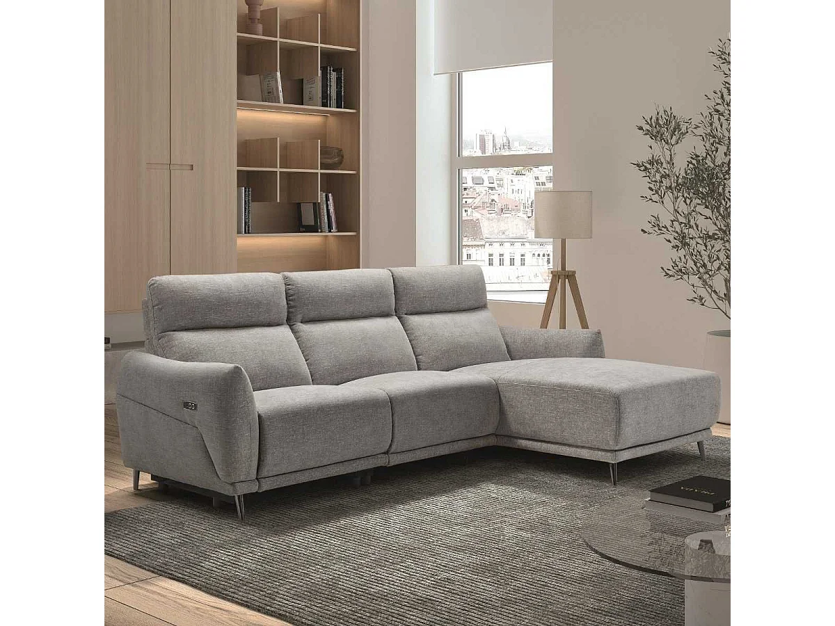 Canapé 3 places relax électrique avec méridienne droite tissu polyester chiné gris clair - SANTIAGO