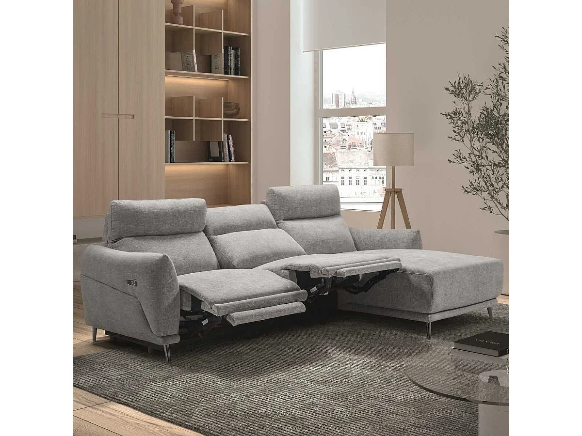 Canapé 3 places relax électrique avec méridienne droite tissu polyester chiné gris clair - SANTIAGO