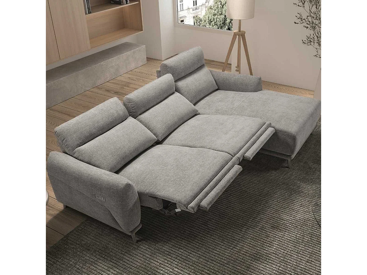 Canapé 3 places relax électrique avec méridienne droite tissu polyester chiné gris clair - SANTIAGO