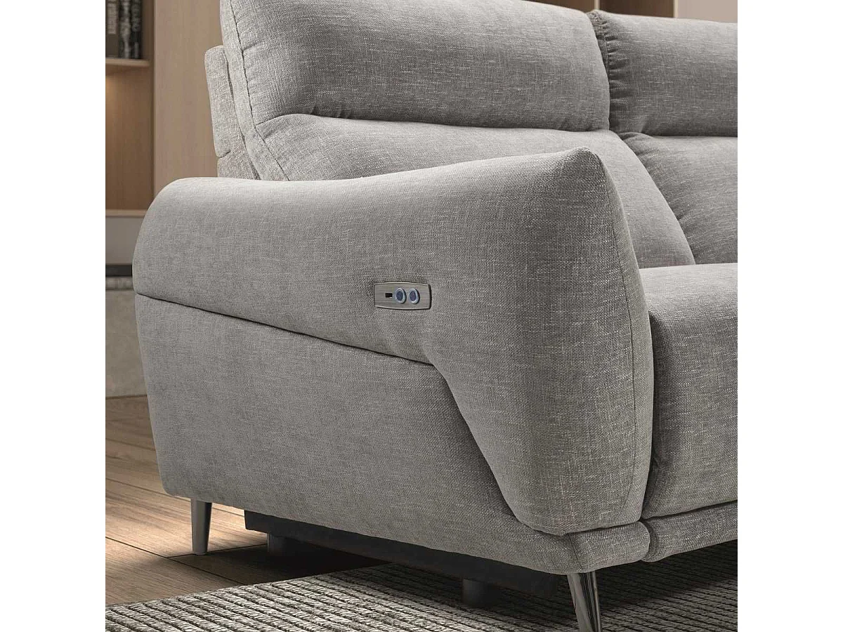 Canapé 3 places relax électrique avec méridienne droite tissu polyester chiné gris clair - SANTIAGO