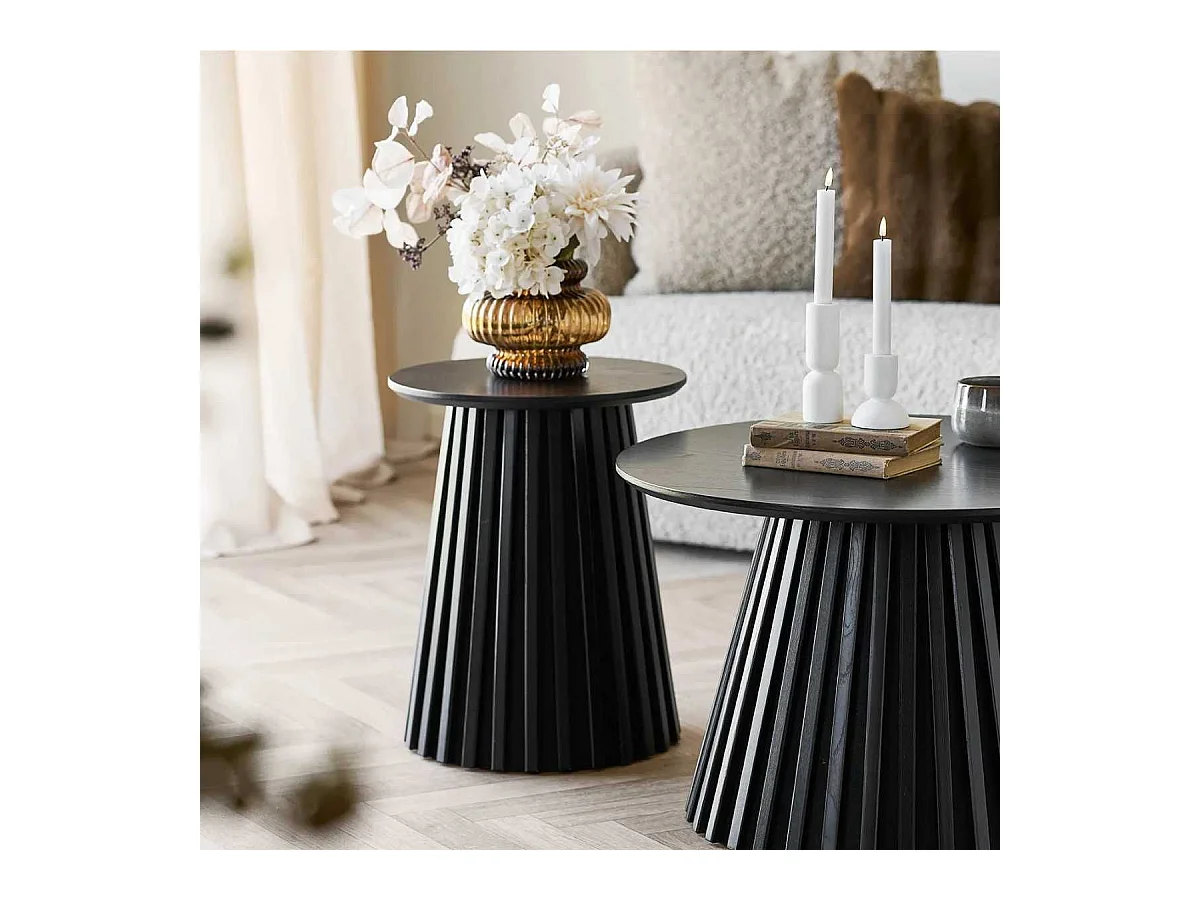 Table d'appoint Ronde Pied Central Relief MDF Placage Chêne noir - DUBLIN