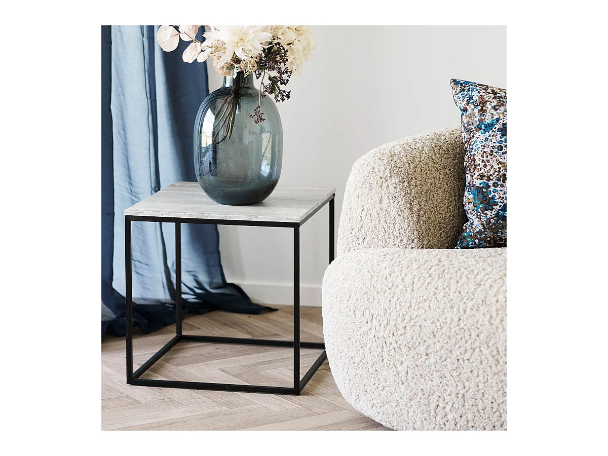 Bout de Canapé carré acier et plateau aspect travertin - ELRALD