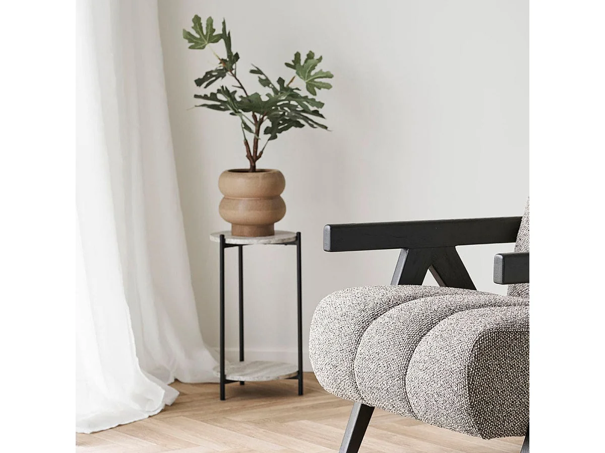 Sellette 2 plateaux en MDF imitation travertin piètement en métal noir - SELYN