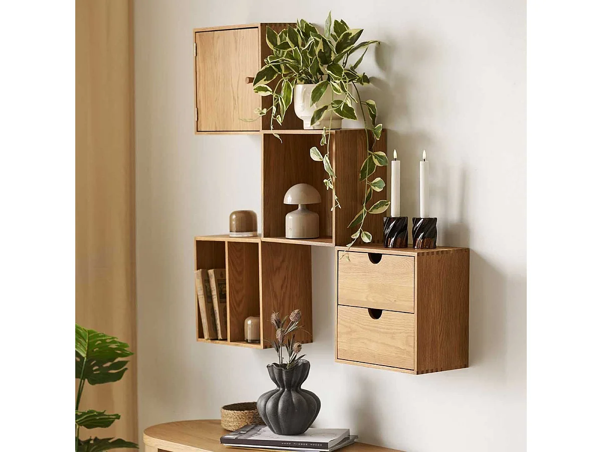 Cube de rangement 1 porte mural ou à poser en chêne massif - VALLY