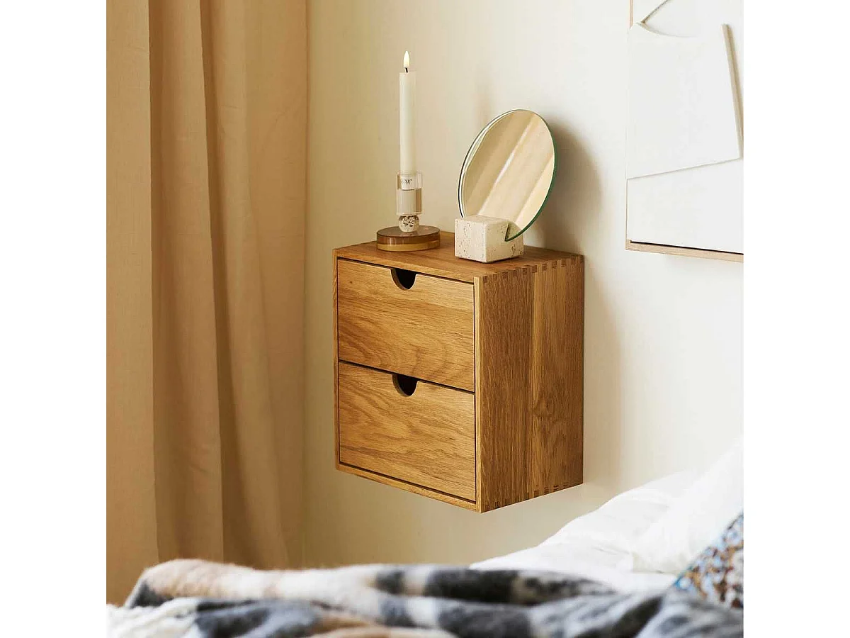 Cube de rangement 2 tiroirs mural ou à poser en chêne massif - VALLY
