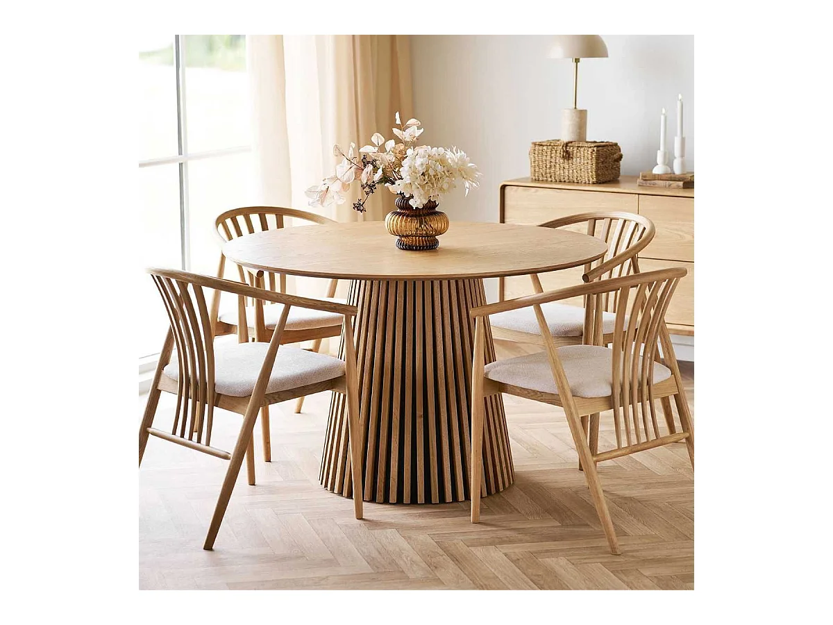 Table repas ronde Ø120cm Pied Central Relief MDF Placage Chêne clair - DUBLIN