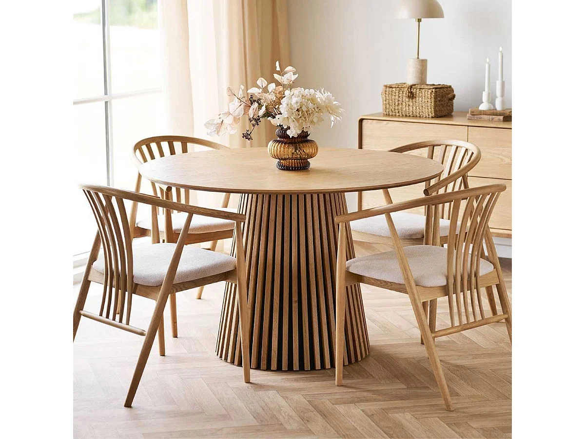 Table repas ronde Ø120cm Pied Central Relief MDF Placage Chêne clair - DUBLIN