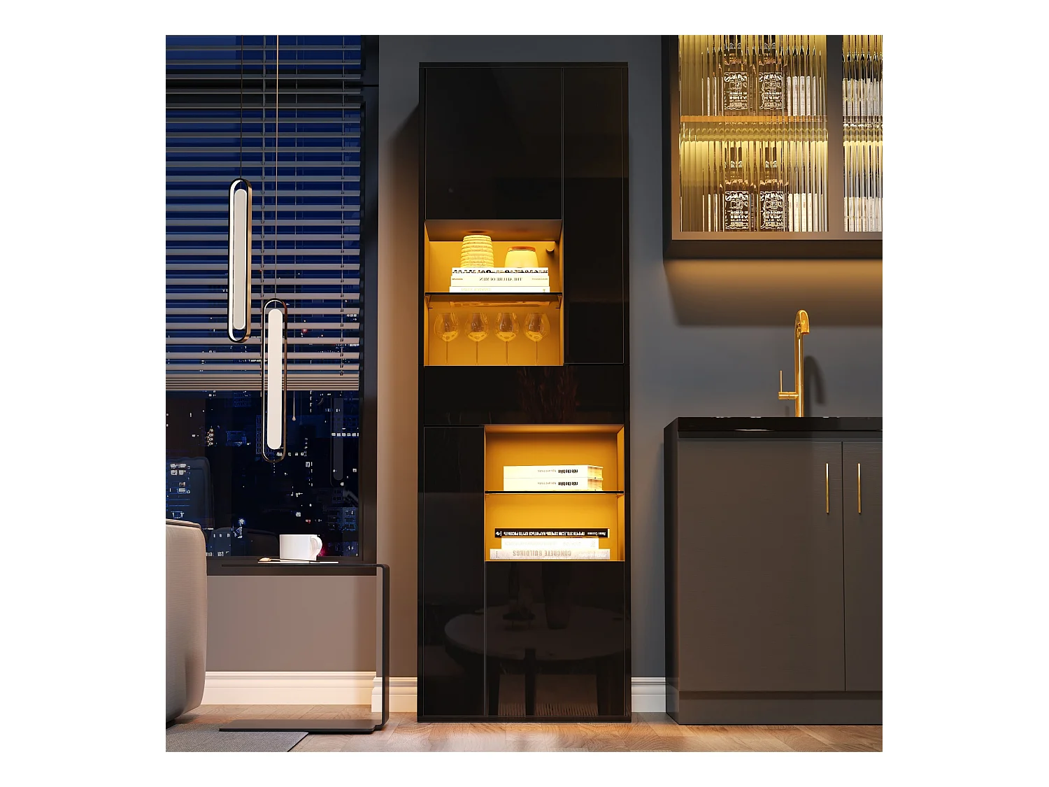 Vitrine LED avec 1 tiroir de rangement et 4 portes, étagères en verre - noir