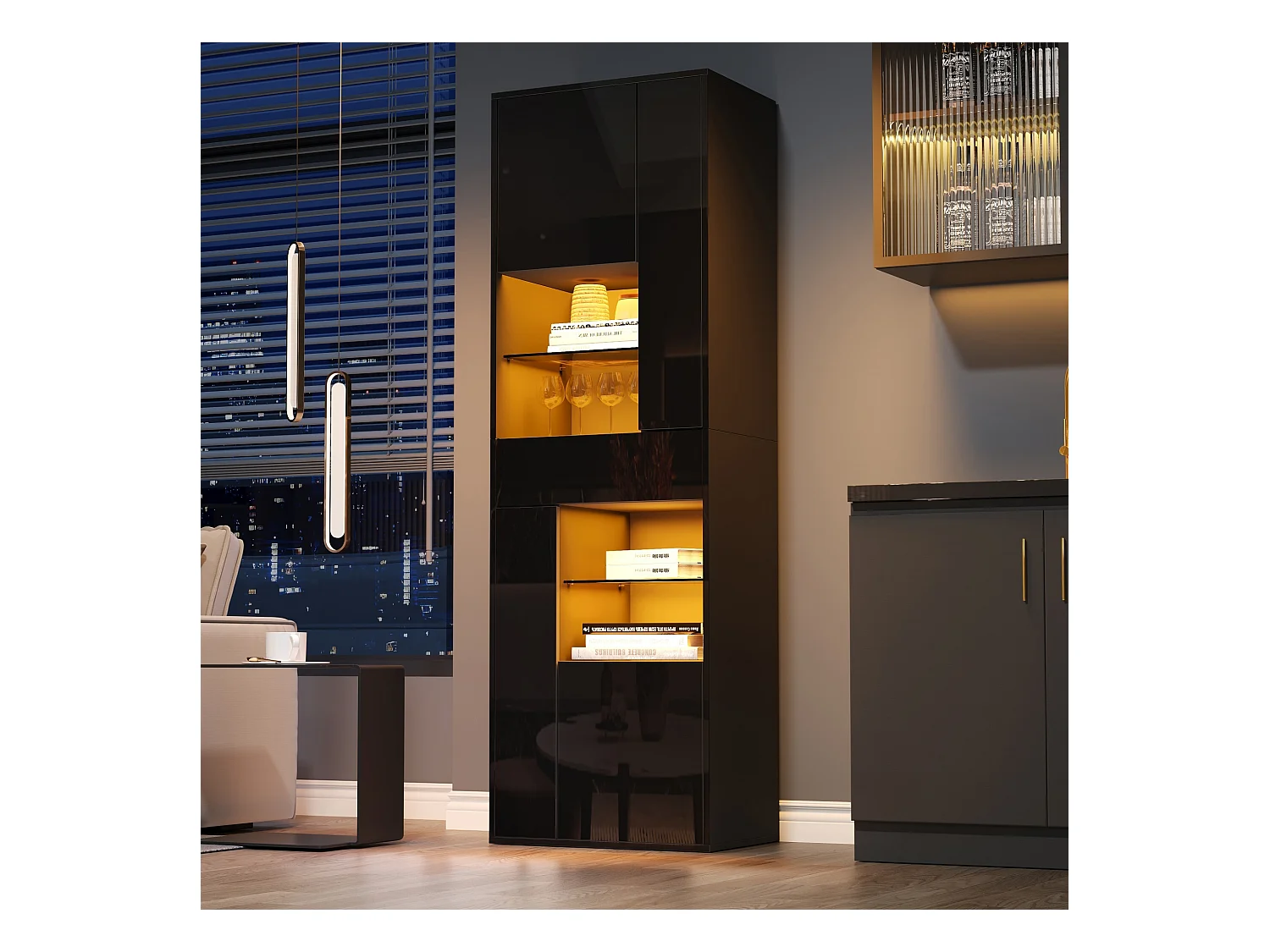 Vitrine LED avec 1 tiroir de rangement et 4 portes, étagères en verre - noir