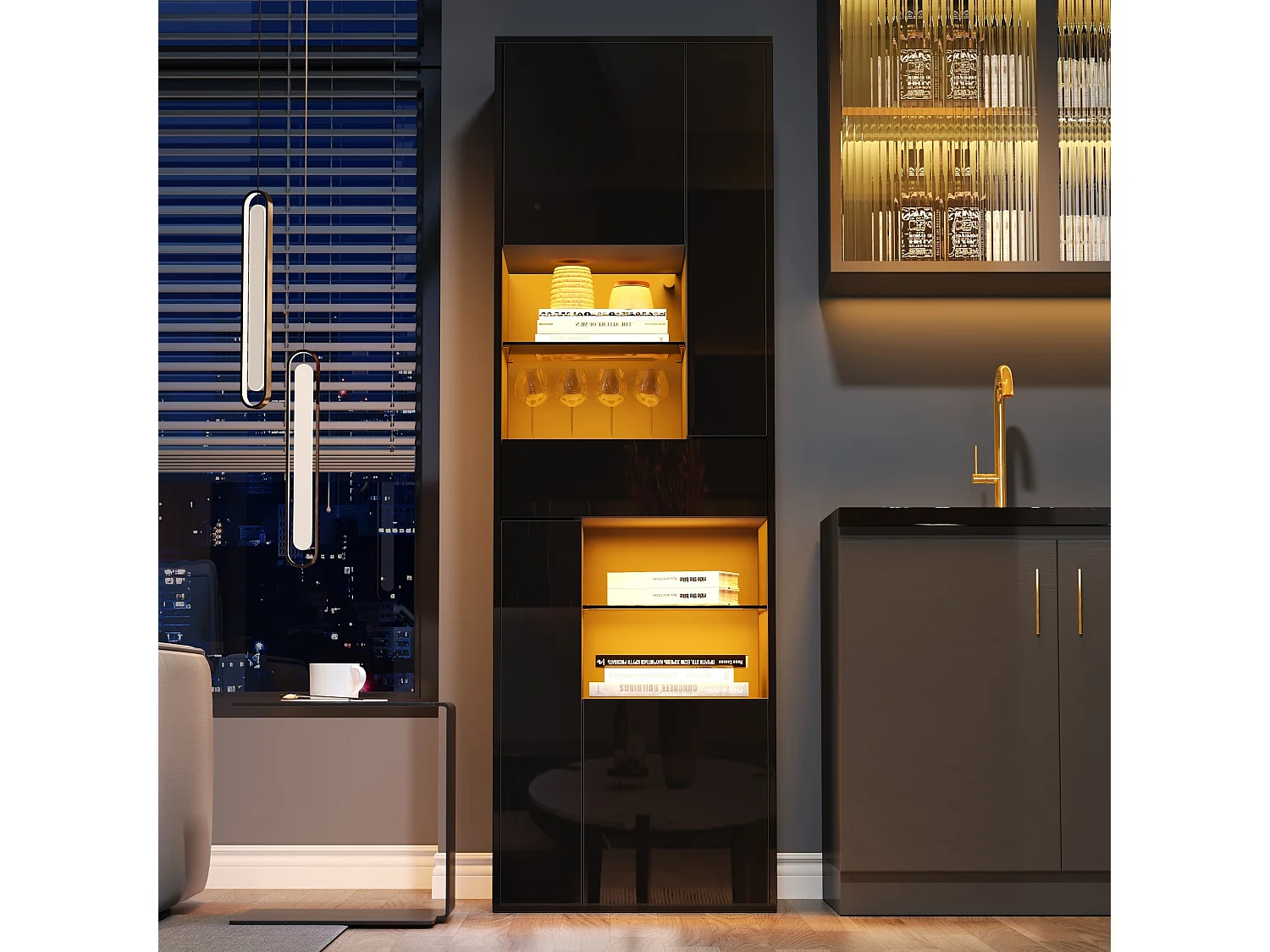 Vitrine LED avec 1 tiroir de rangement et 4 portes, étagères en verre - noir