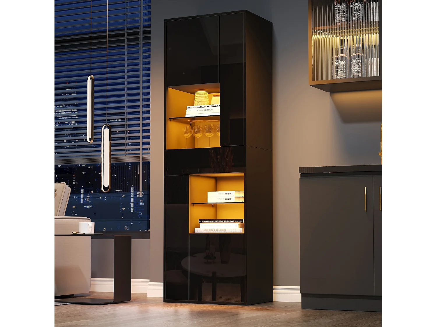 Vitrine LED avec 1 tiroir de rangement et 4 portes, étagères en verre - noir