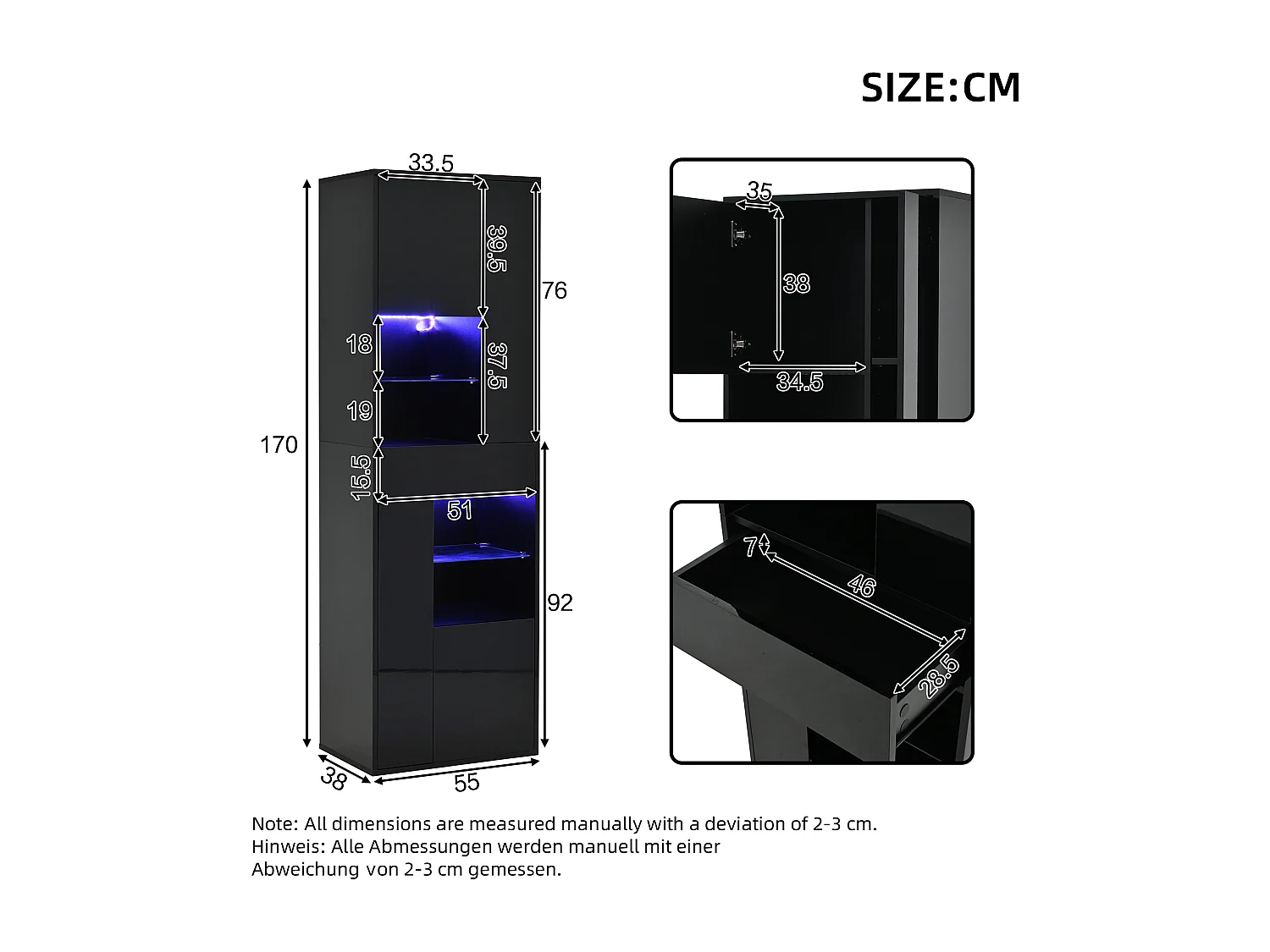 Vitrine LED avec 1 tiroir de rangement et 4 portes, étagères en verre - noir